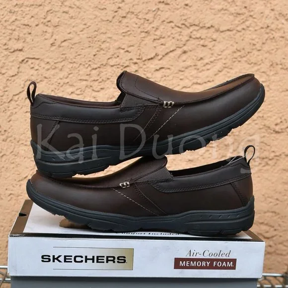 Men Leather Slip-On shoes Skechers relaxed fit Brown , - Picture 5 of 8